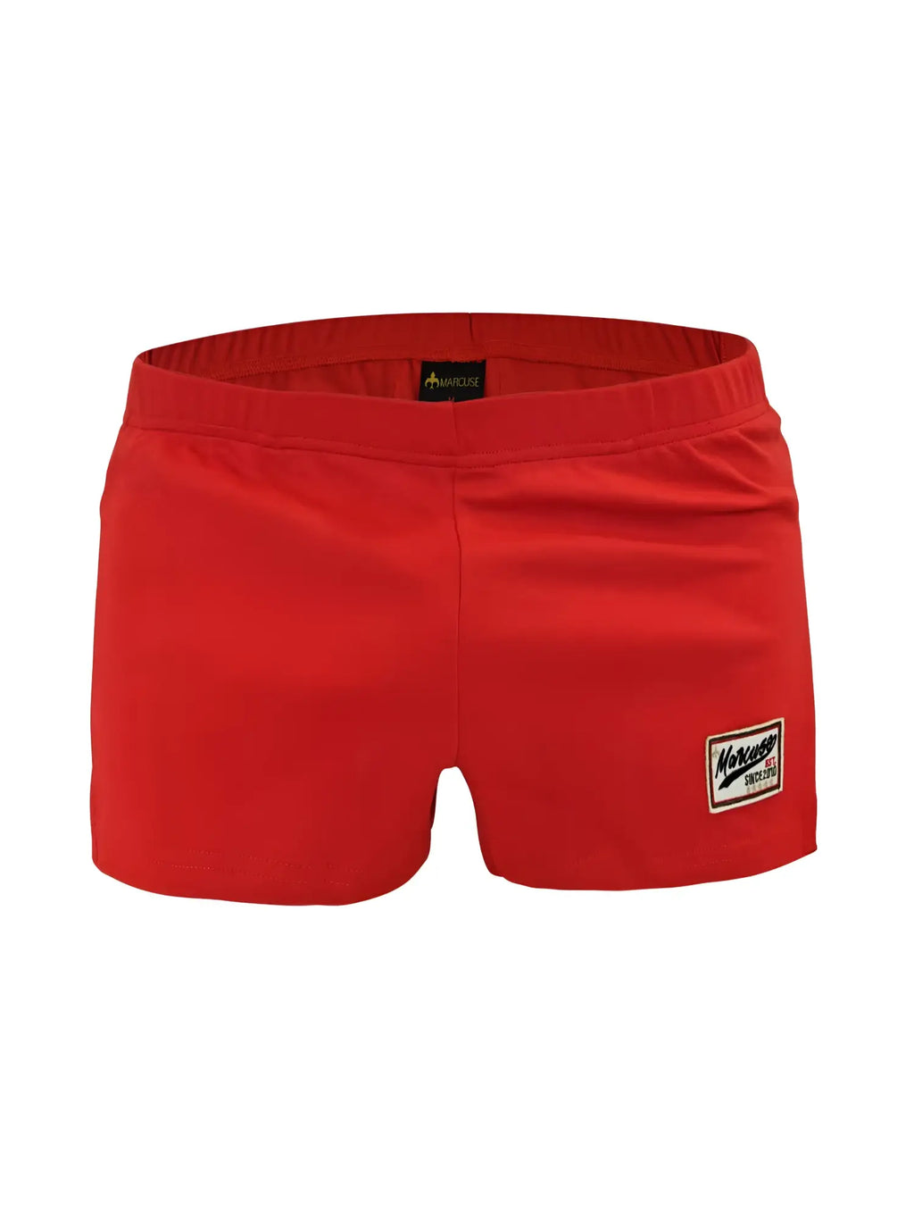 Red marcuse hansar athletic shorts with elastic waistband and small rectangular patch on lower right leg