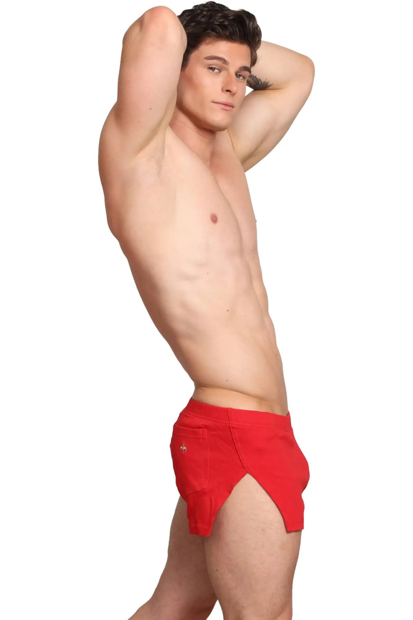 Red marcuse hansar athletic shorts with side pocket and subtle logo detail designed for active wear