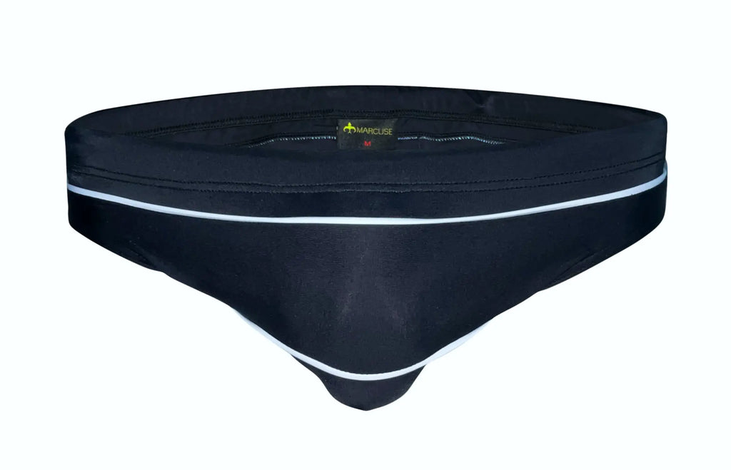 Black marcuse hausos bikini swimwear briefs with white trim featuring marcus brand label for swim use