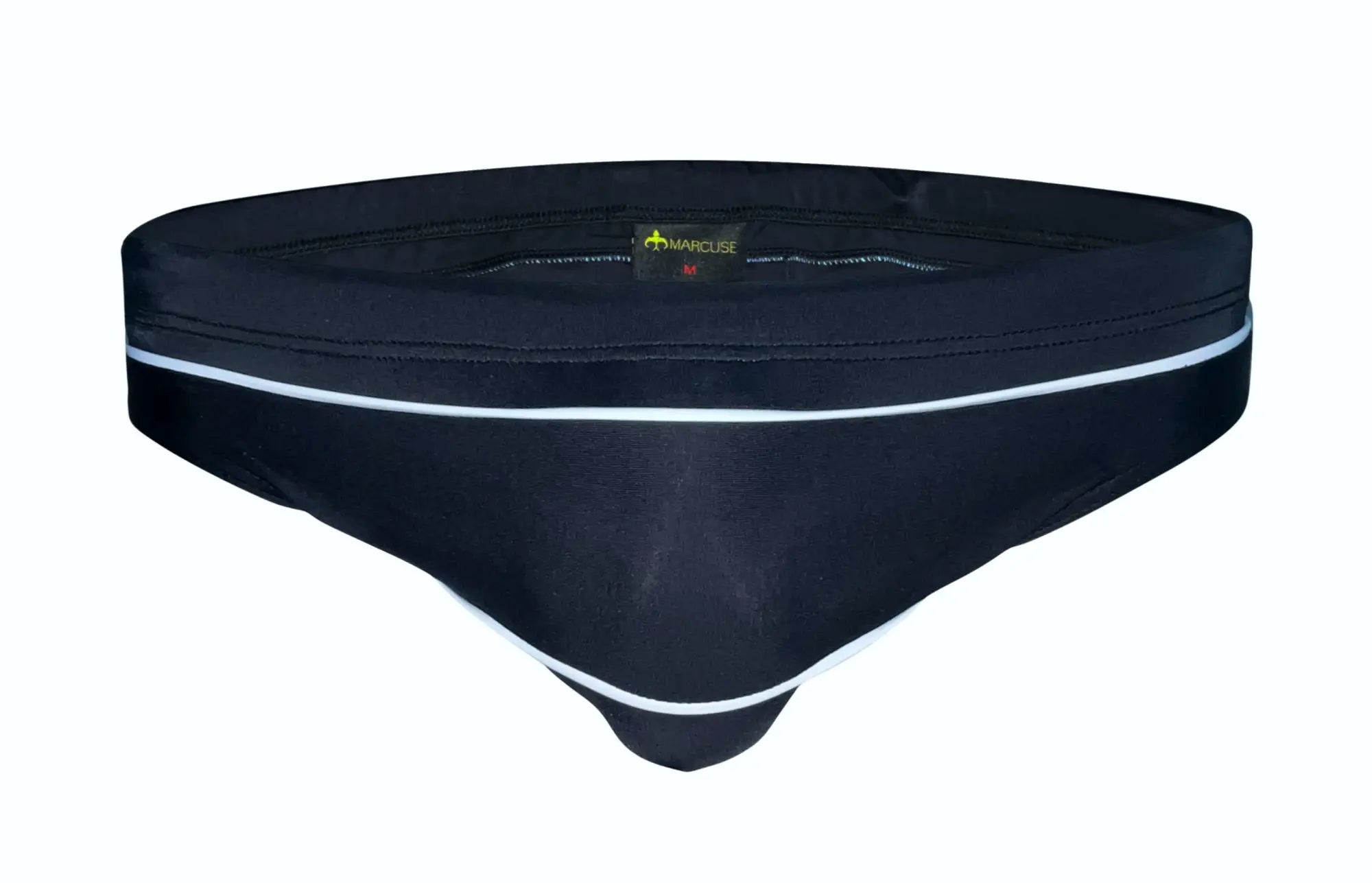 Black marcuse hausos bikini swimwear briefs with white trim featuring marcus brand label for swim use