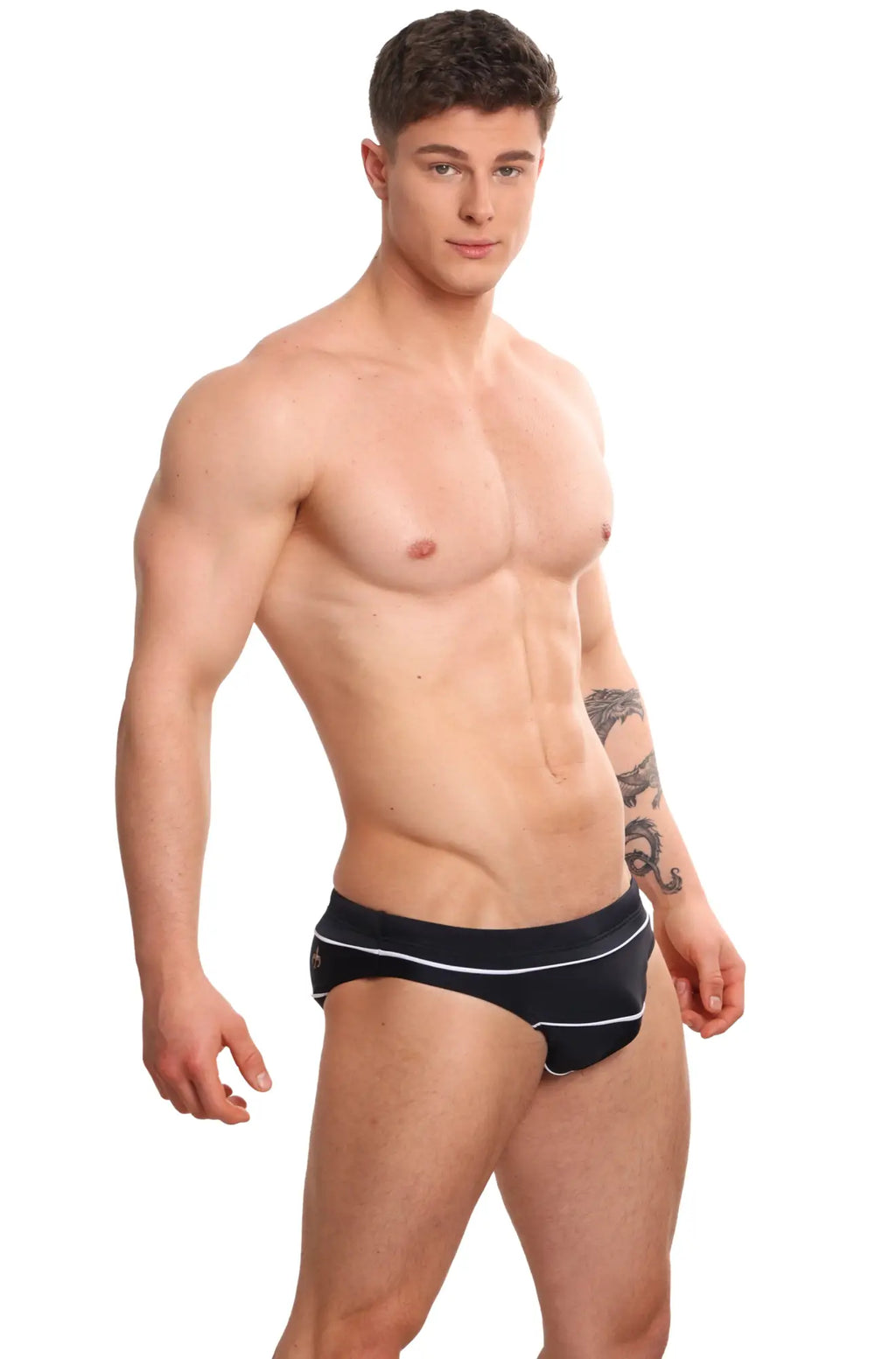 Black Marcuse Hausos bikini swimwear trunks with white trim designed for beach and poolwear