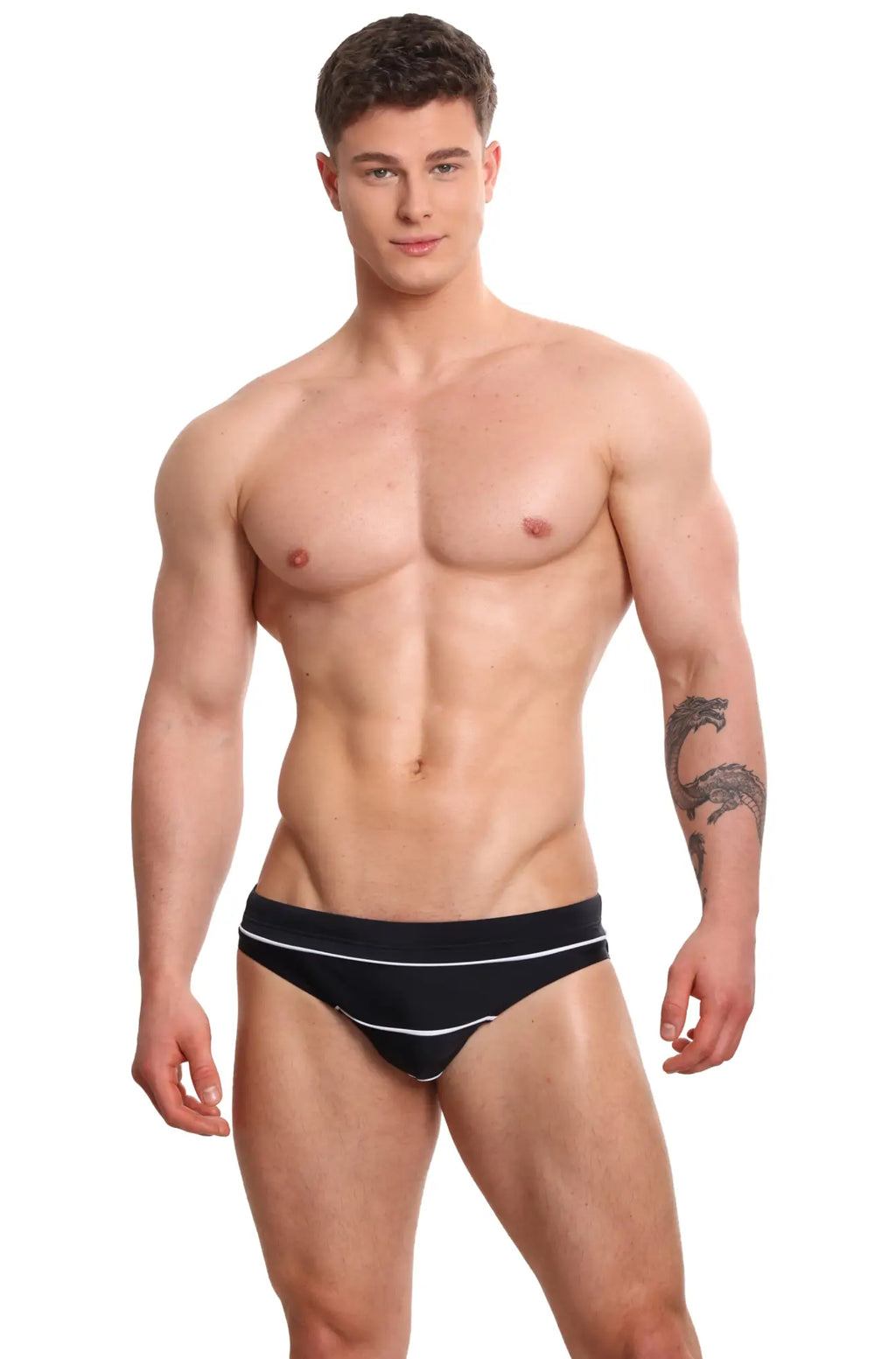 Marcuse Hausos bikini swimwear black briefs with two thin white stripes on the waistband for swimwear use