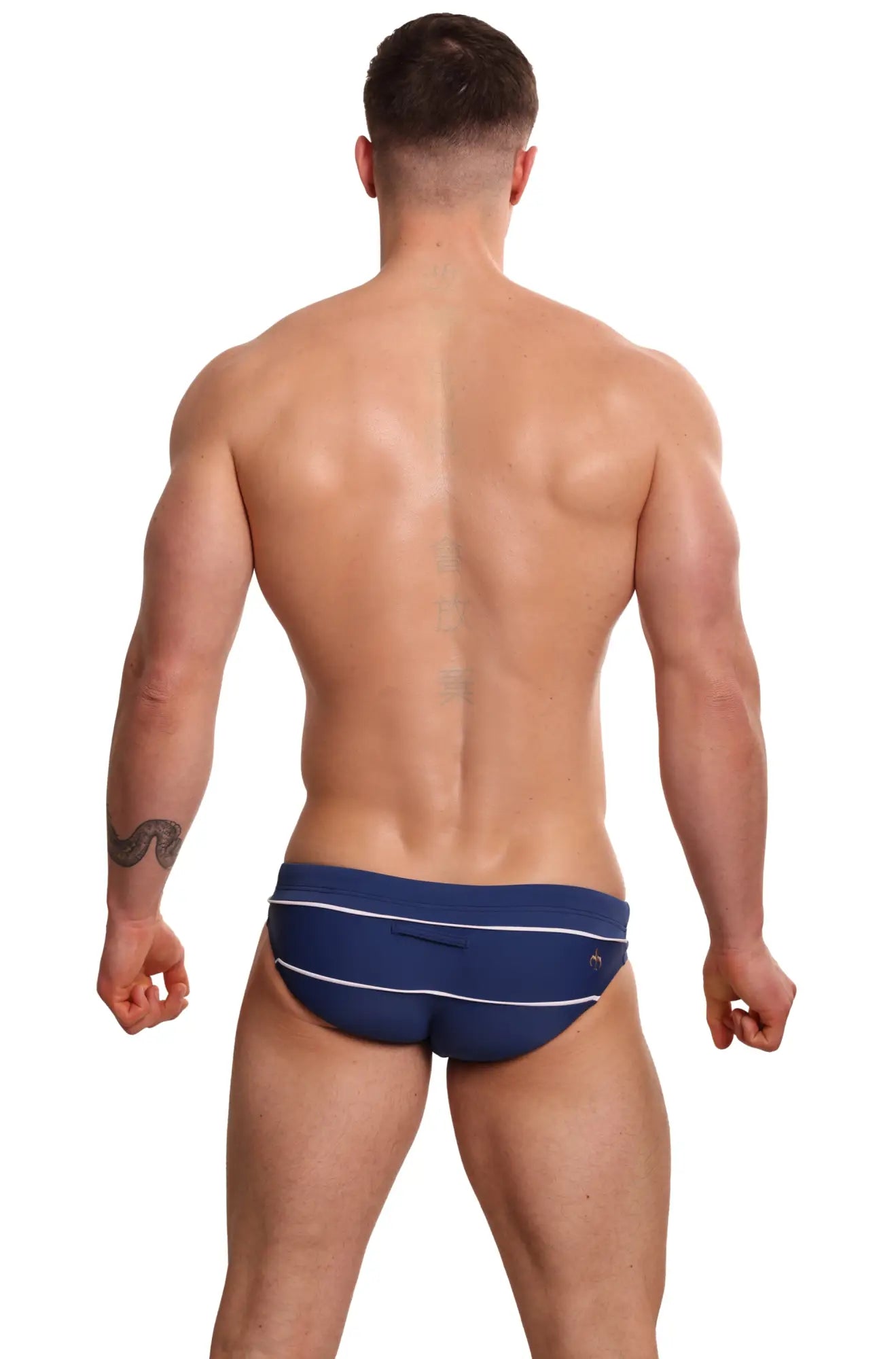 Marcuse hausos bikini swimwear navy blue swim trunks with white horizontal stripes for beach and pool use