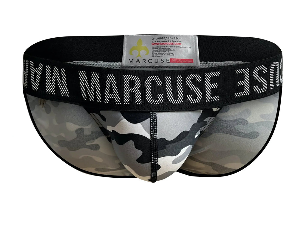 Marcuse Hercule brief underwear in black and gray camouflage pattern with black elastic waistband and white lettering