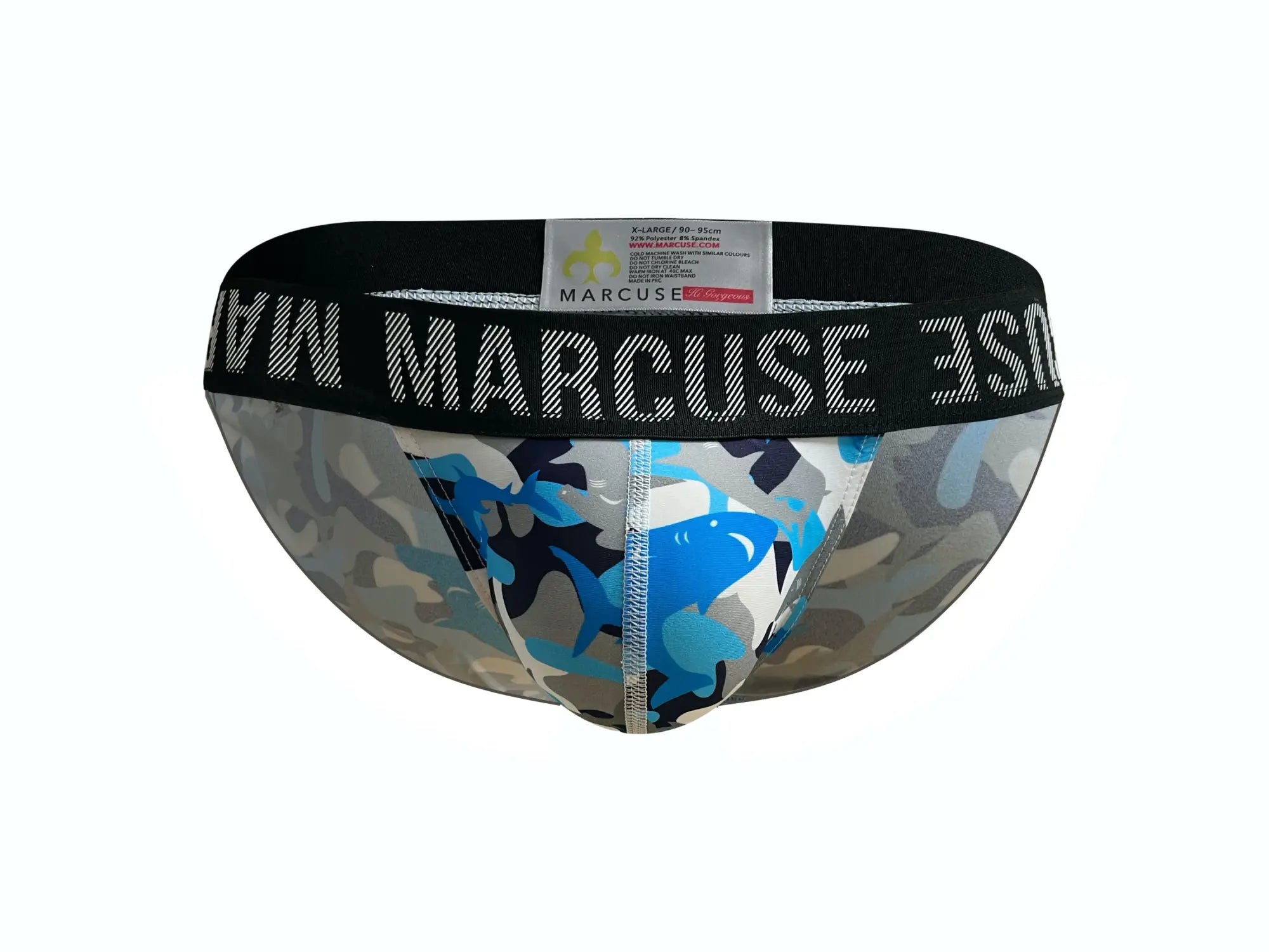 Marcuse Hercule brief underwear in blue and gray camouflage with black elastic waistband branded marcuse in white