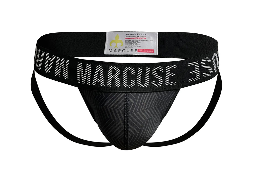 Black marcuse hercule jock briefs with geometric pattern and bold white branded waistband for active wear