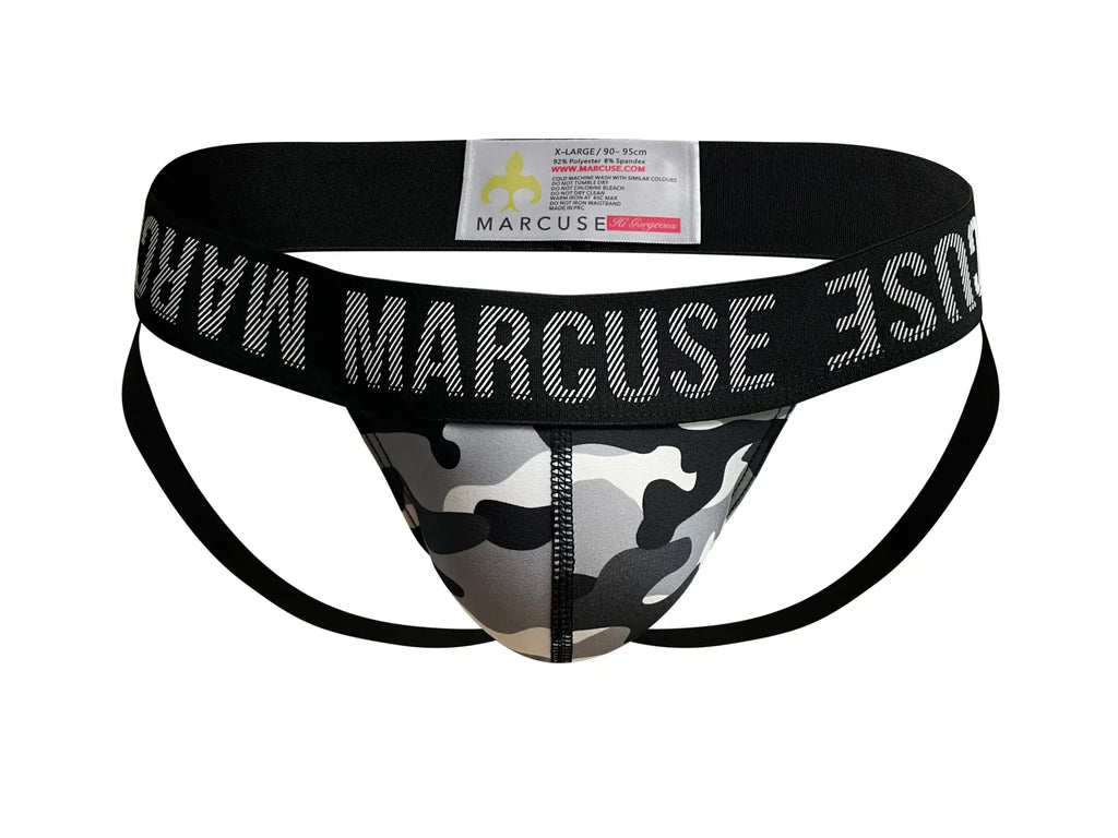 Marcuse hercule jock underwear in black and gray camouflage pattern with bold white logo waistband