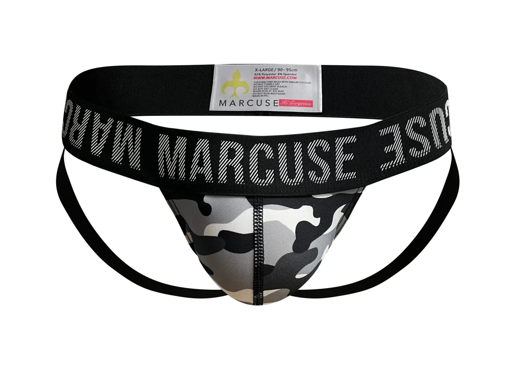 Marcuse hercule jock underwear in black and gray camouflage pattern with bold white logo waistband