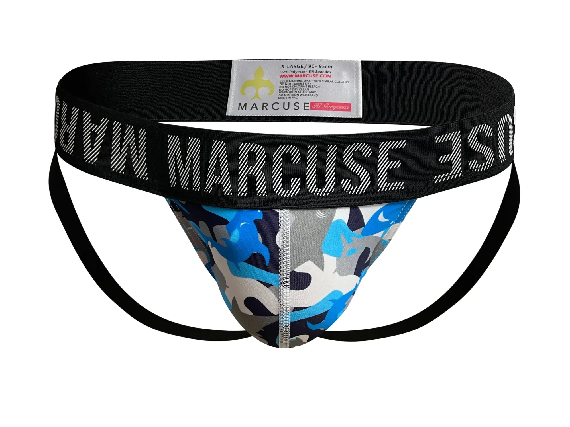 Marcuse Hercule jock underwear in blue gray and white camouflage with black elastic waistband and bold brand name