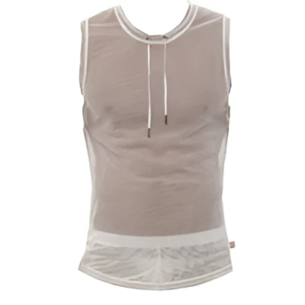 Beige marcuse hero mesh tank top with drawstring neckline and lace trim at hem in lightweight breathable fabric