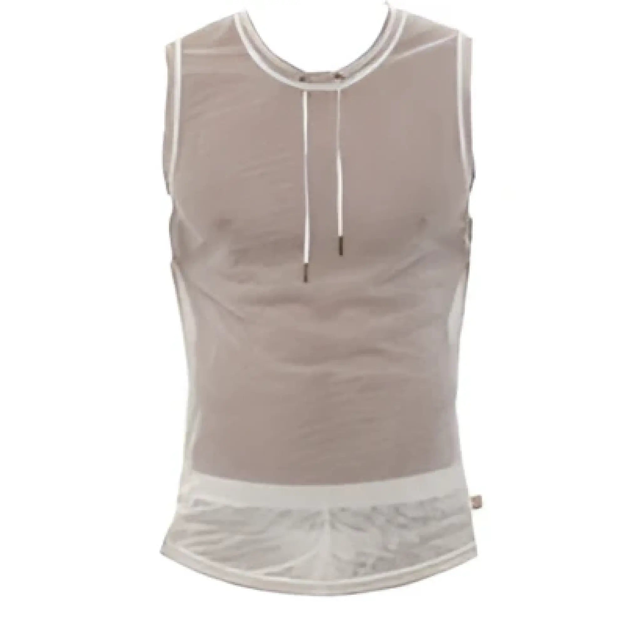 Beige marcuse hero mesh tank top with drawstring neckline and lace trim at hem in lightweight breathable fabric