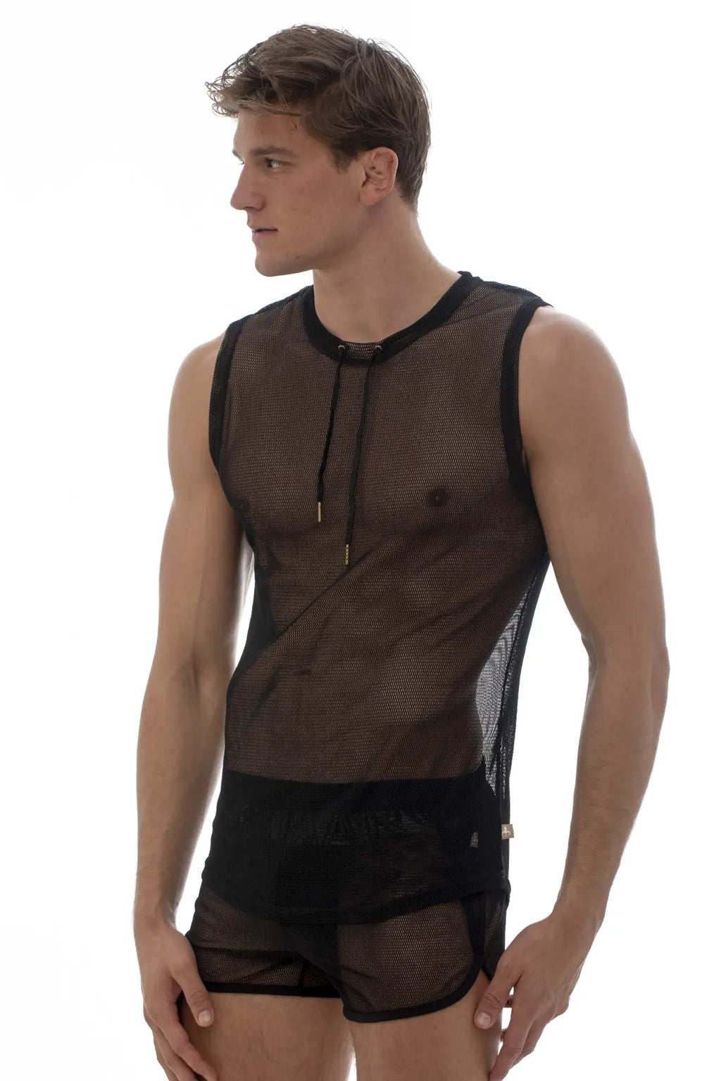 Marcuse Hero mesh tank top is a black sleeveless top with a mesh fabric and adjustable drawstring neckline