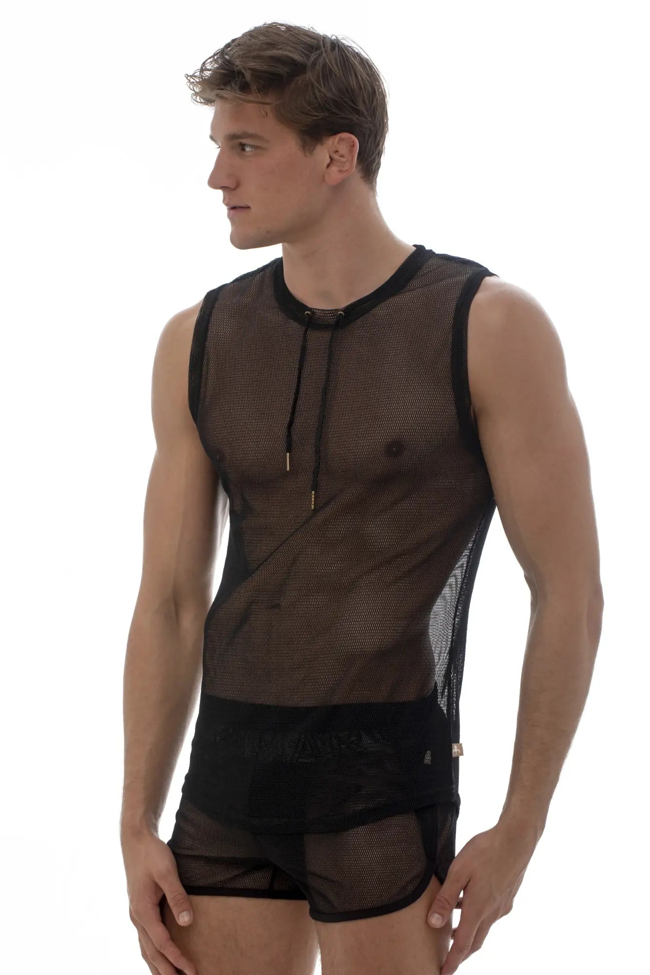 Marcuse Hero mesh tank top is a black sleeveless top with a mesh fabric and adjustable drawstring neckline