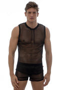 Marcuse hero mesh tank top is a black sleeveless mesh top with a drawstring neckline and solid waist trim
