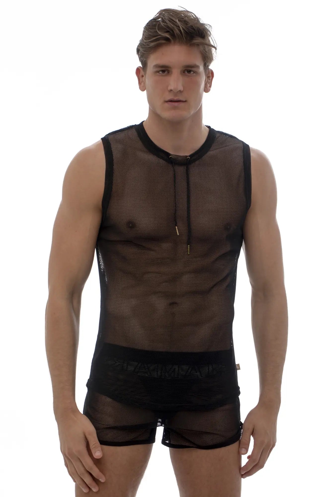Marcuse hero mesh tank top is a black sleeveless mesh top with a drawstring neckline and solid waist trim
