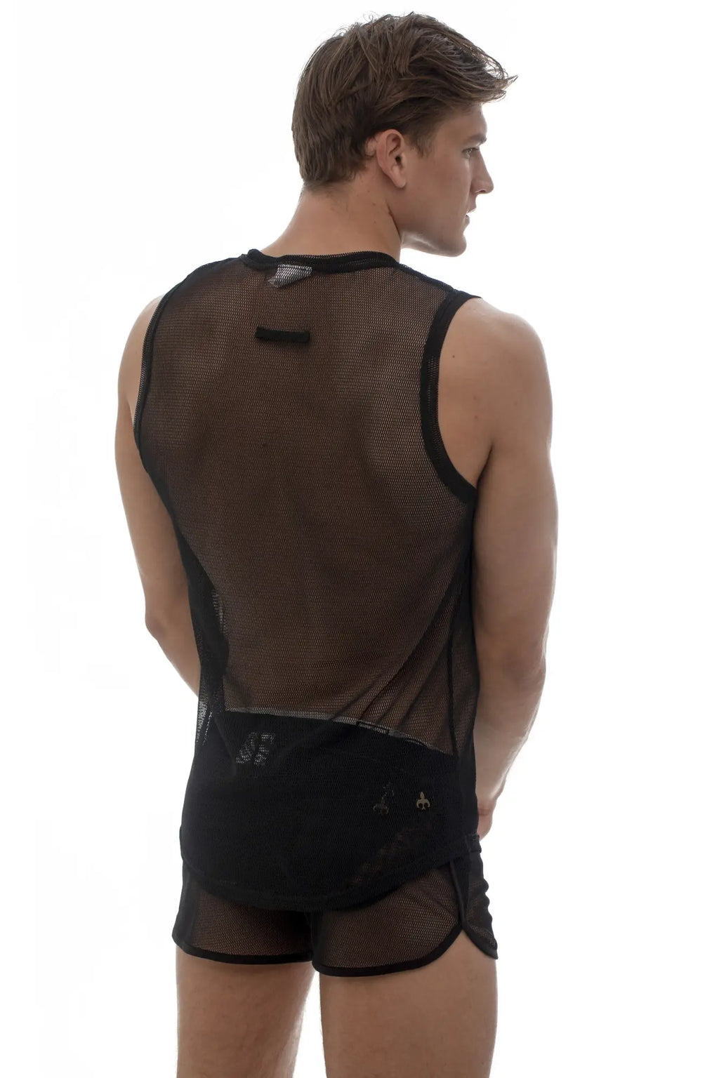 Marcuse Hero mesh tank top in black with solid waistband and trim made of breathable mesh fabric