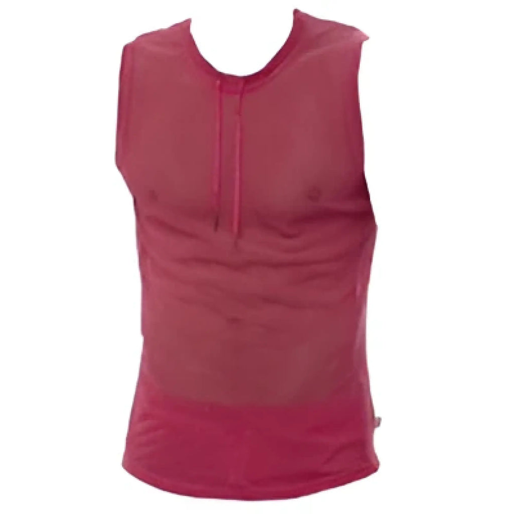 Marcuse hero mesh tank top is a maroon sleeveless top with front zipper and subtle horizontal seam detailing