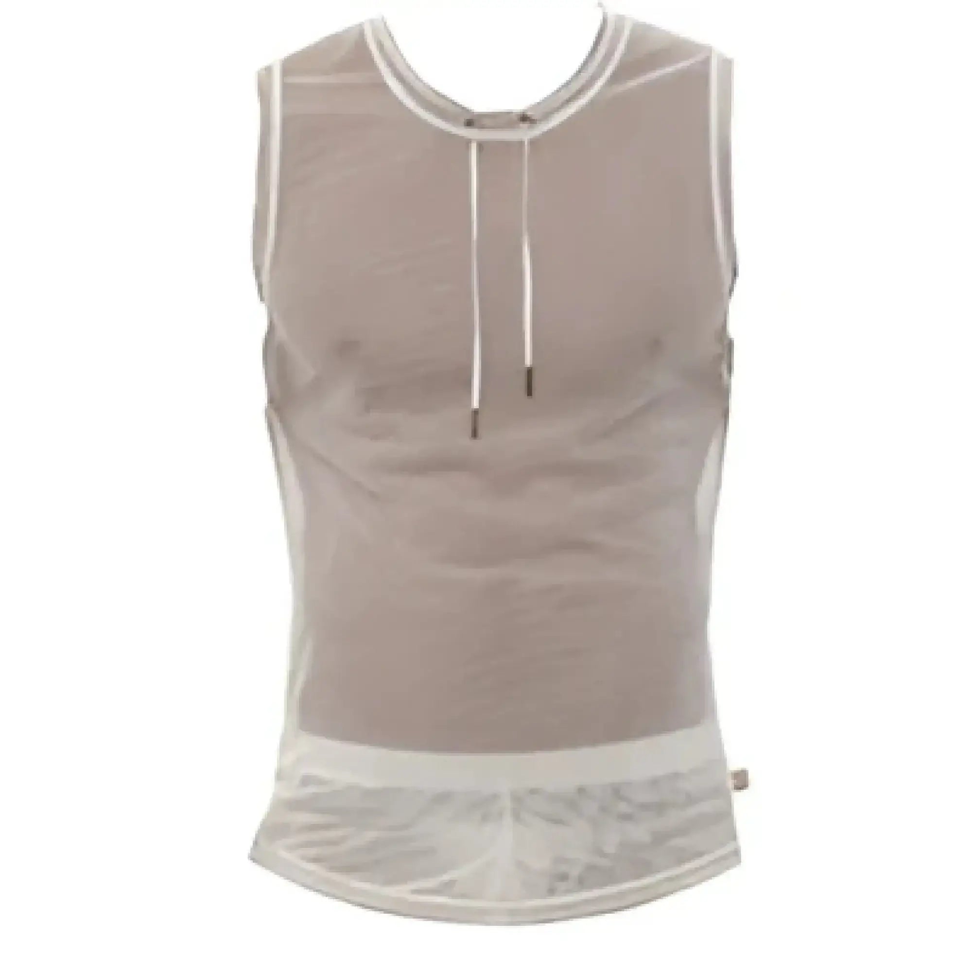 Beige marcuse hero mesh tank top with drawstring neckline and lace trim at hem in lightweight breathable fabric