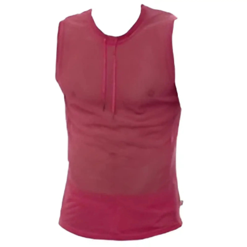Marcuse hero mesh tank top is a maroon sleeveless top with front zipper and subtle horizontal seam detailing