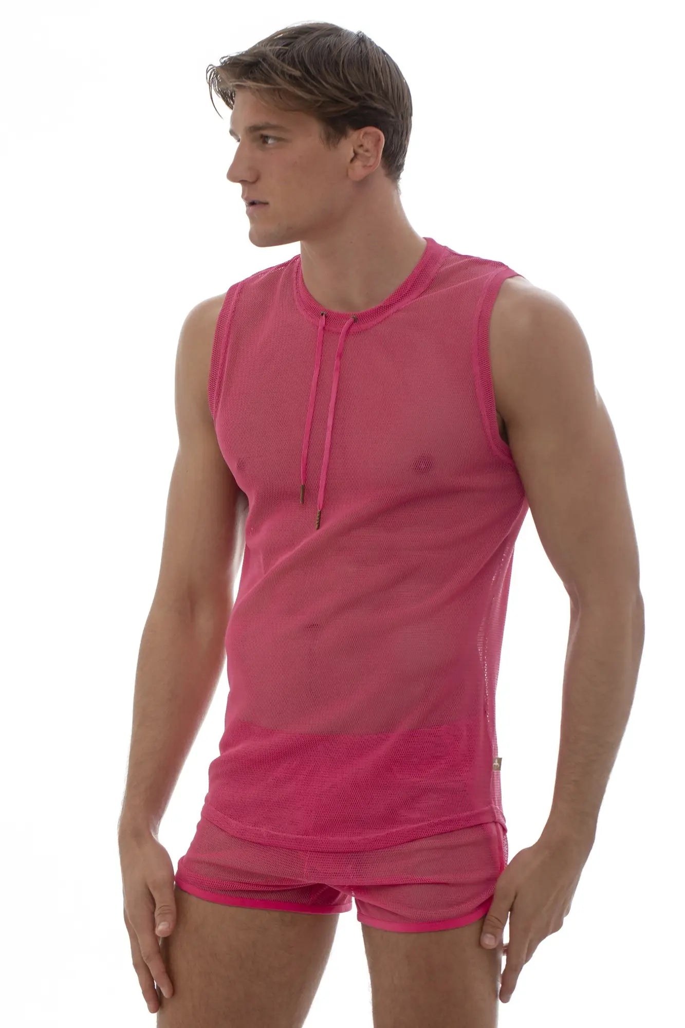 Marcuse hero mesh tank top with vibrant pink sleeveless mesh fabric drawstring neckline and subtle side zippers