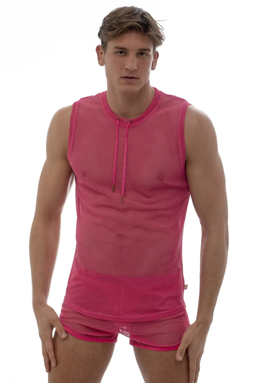 Marcuse hero mesh tank top is a vibrant pink sleeveless mesh top with a drawstring neckline and matching shorts