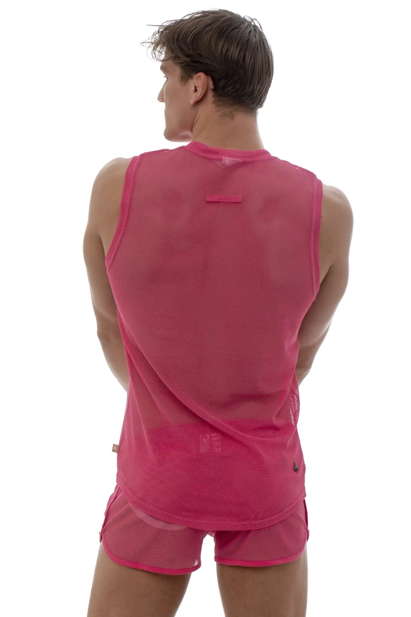 Marcuse Hero mesh tank top vibrant pink sleeveless mesh athletic top with rounded neckline and matching shorts