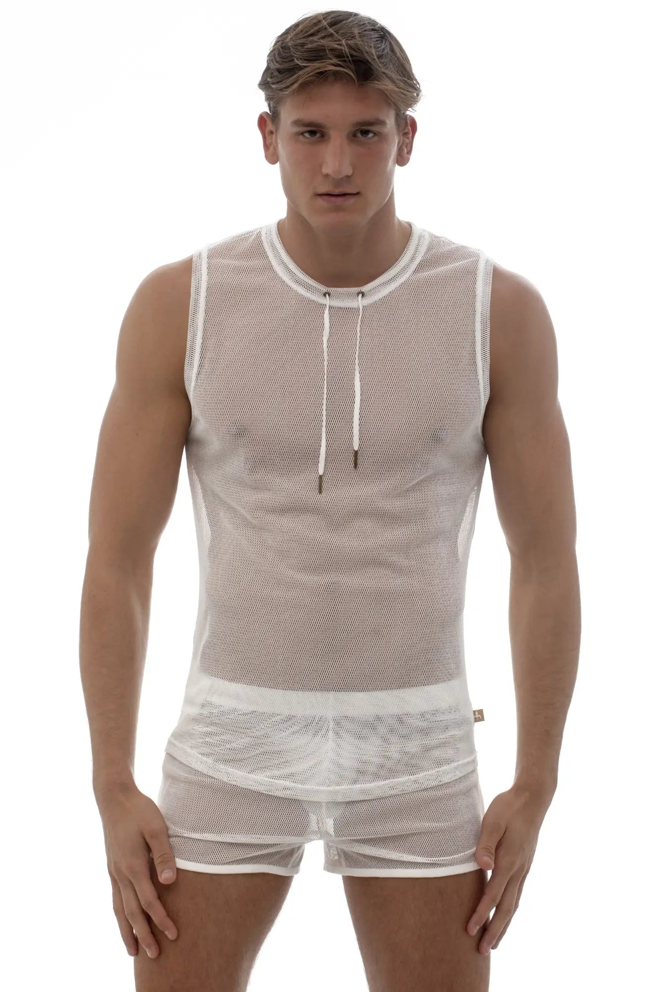 Marcuse hero mesh tank top in white featuring a sleeveless mesh design with drawstring neckline and solid trim