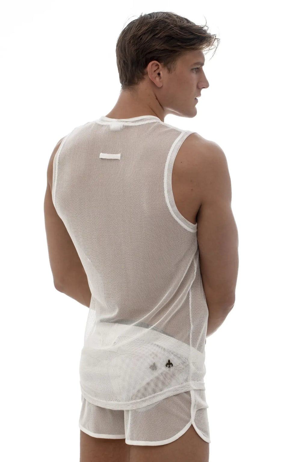 White mesh tank top by Marcuse featuring subtle sleek design and reinforced white trim on neckline and armholes