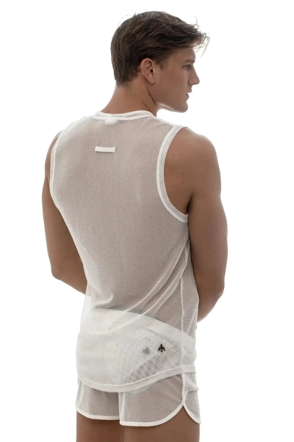 White mesh tank top by Marcuse featuring subtle sleek design and reinforced white trim on neckline and armholes