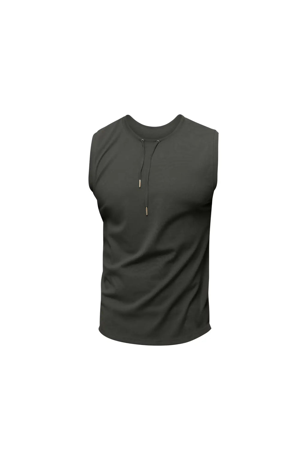 Dark gray sleeveless athletic marcuse hero tank top with drawstring neckline for activewear
