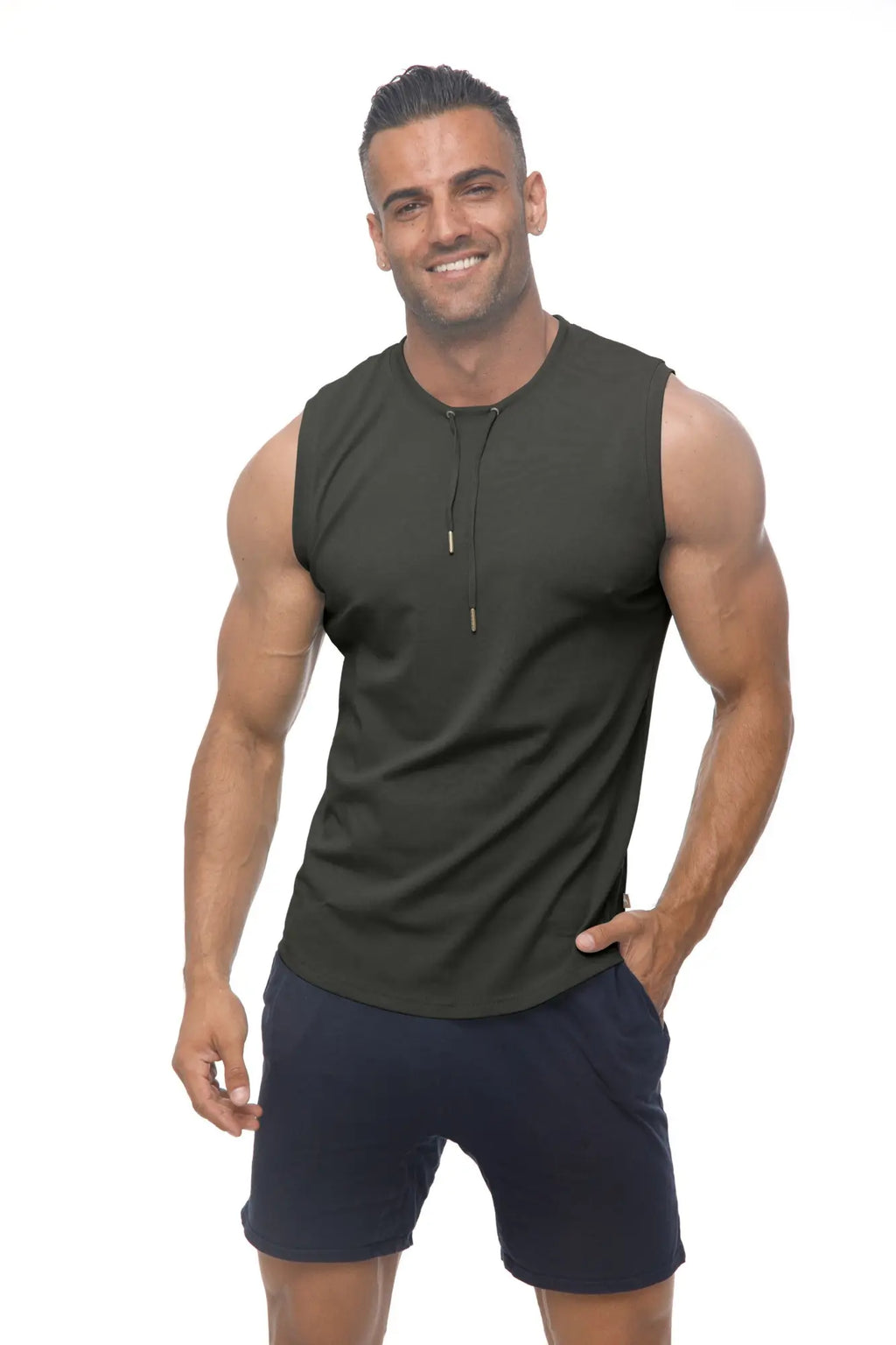 Dark olive green sleeveless marcuse hero tank top with a subtle drawstring neckline perfect for athletic wear