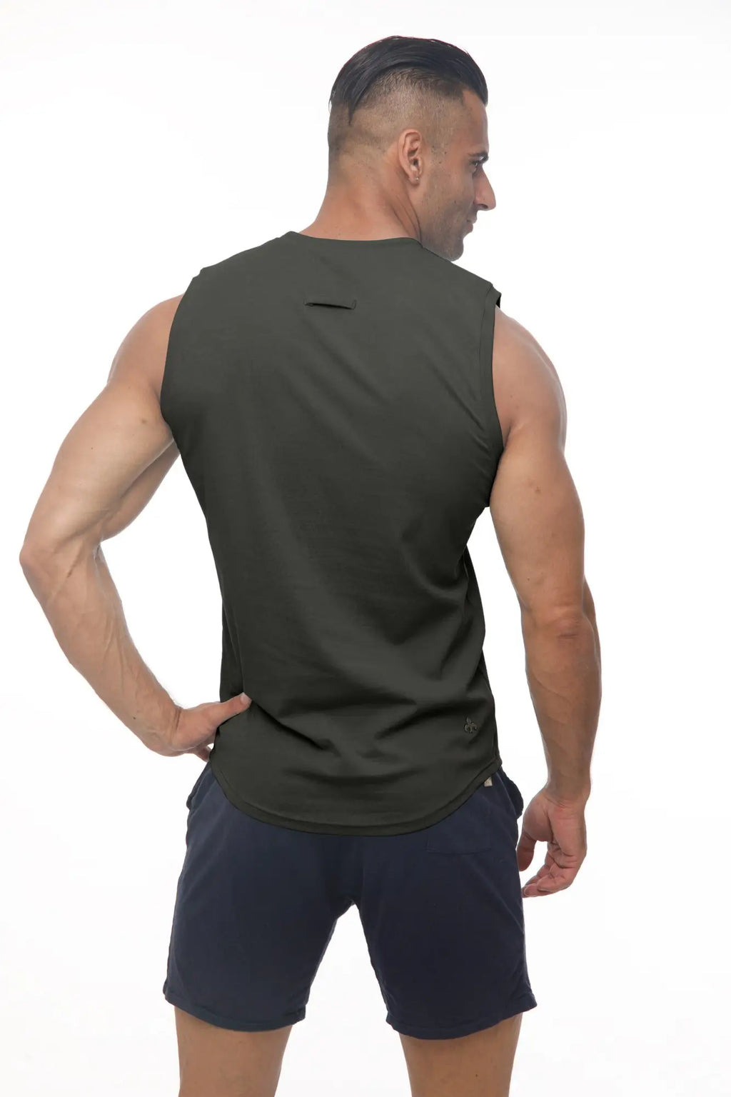 Dark olive green marcuse hero tank top with sleeveless design and subtle back vent for athletic use
