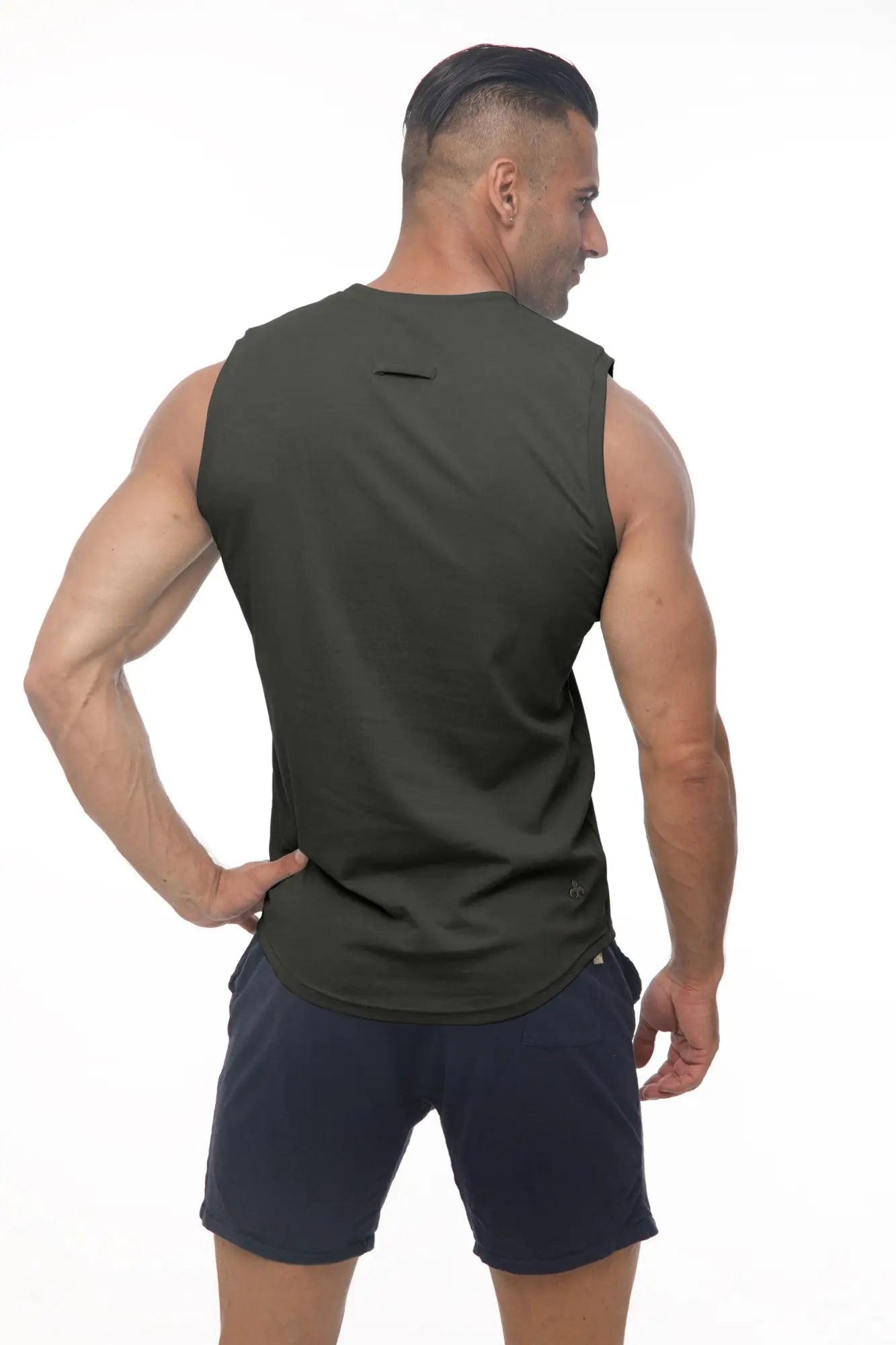 Dark olive green marcuse hero tank top with sleeveless design and subtle back vent for athletic use