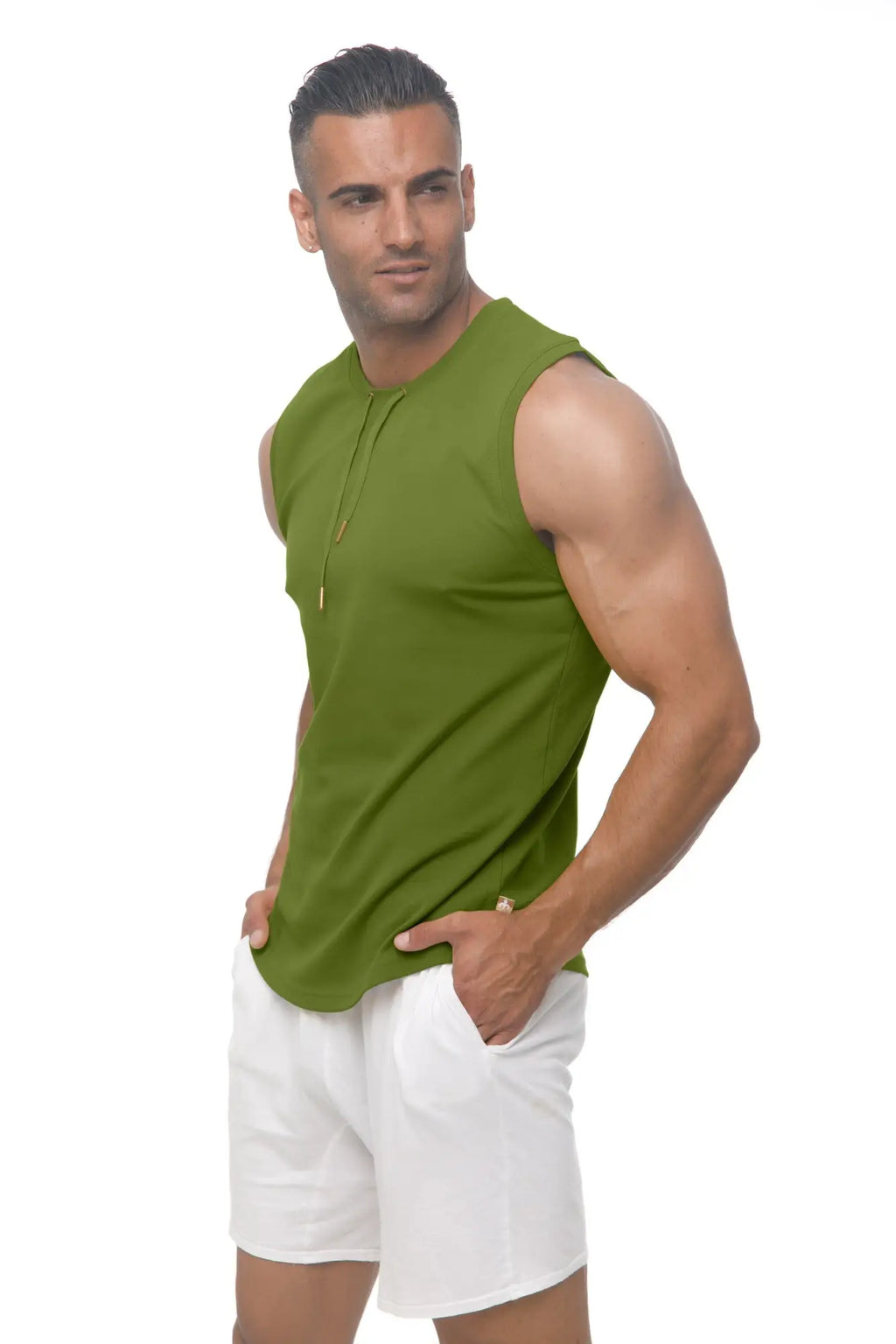 Marcuse hero tank top in olive green sleeveless henley collar made from breathable fabric for casual wear