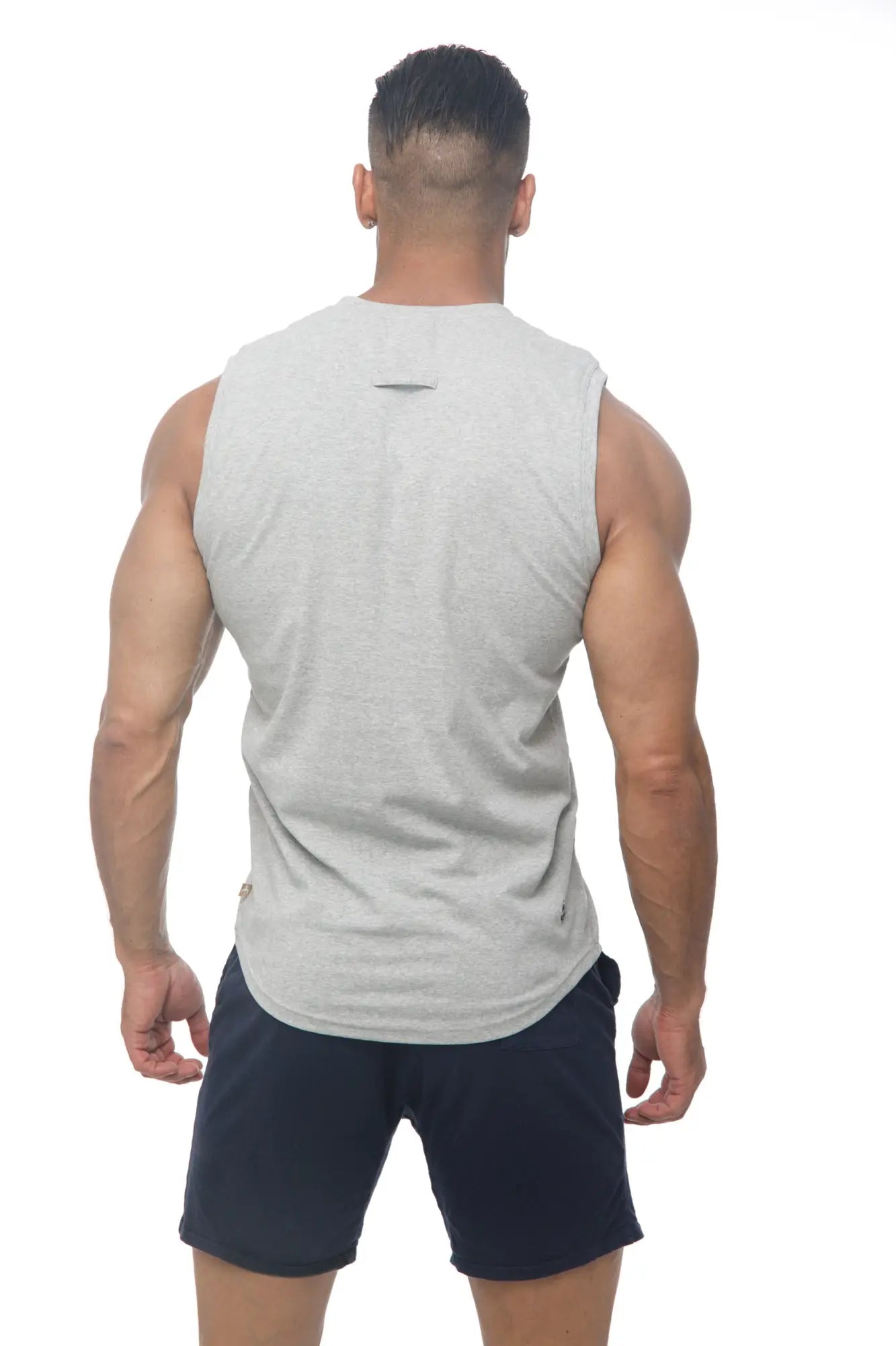 Marcuse Hero Tank Top heather gray sleeveless athletic tank with rounded neckline and subtle seam detailing