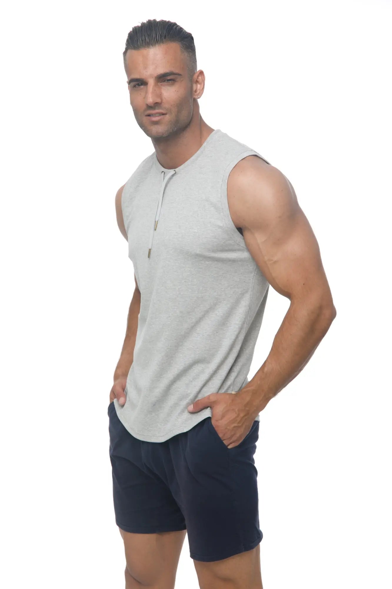 Marcuse hero tank top sleeveless light gray henley with textured fabric and small metallic zipper at neckline