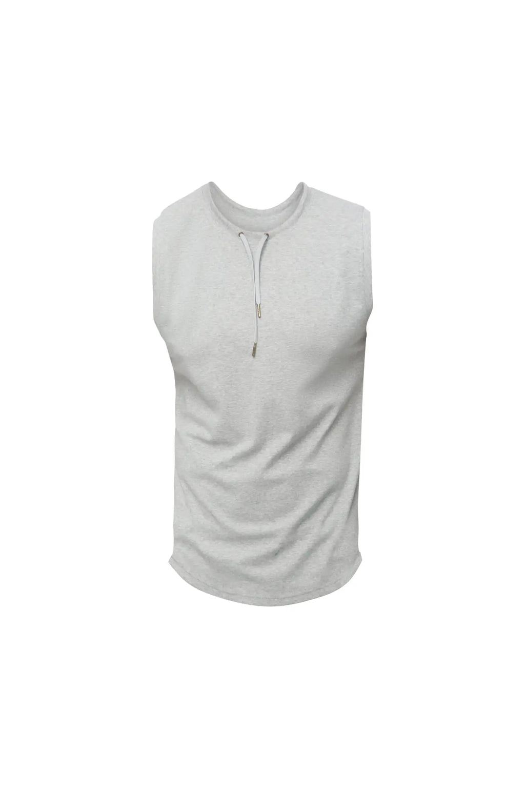 Marcuse hero tank top is a light gray sleeveless henley made of subtle textured fabric with a small zipper neckline