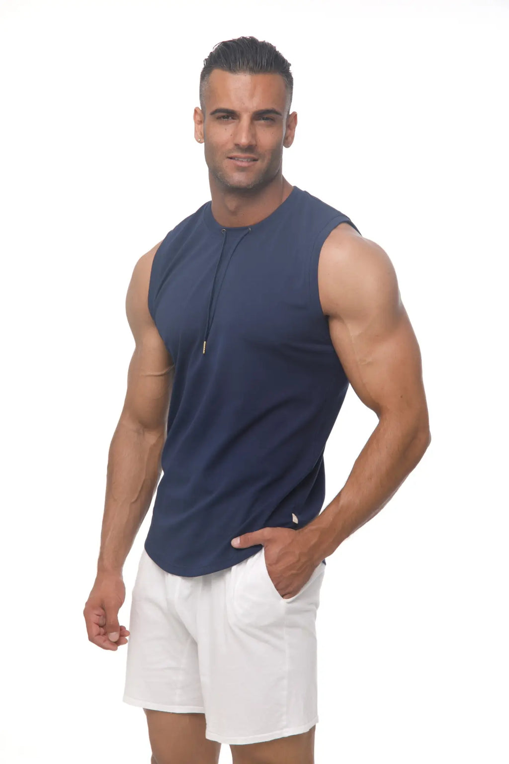 Navy blue Marcuse Hero Tank Top sleeveless athletic shirt with subtle front zipper detail for active wear