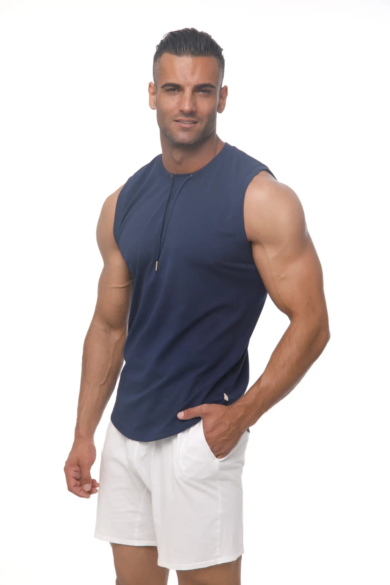 Navy blue Marcuse Hero Tank Top sleeveless athletic shirt with subtle front zipper detail for active wear