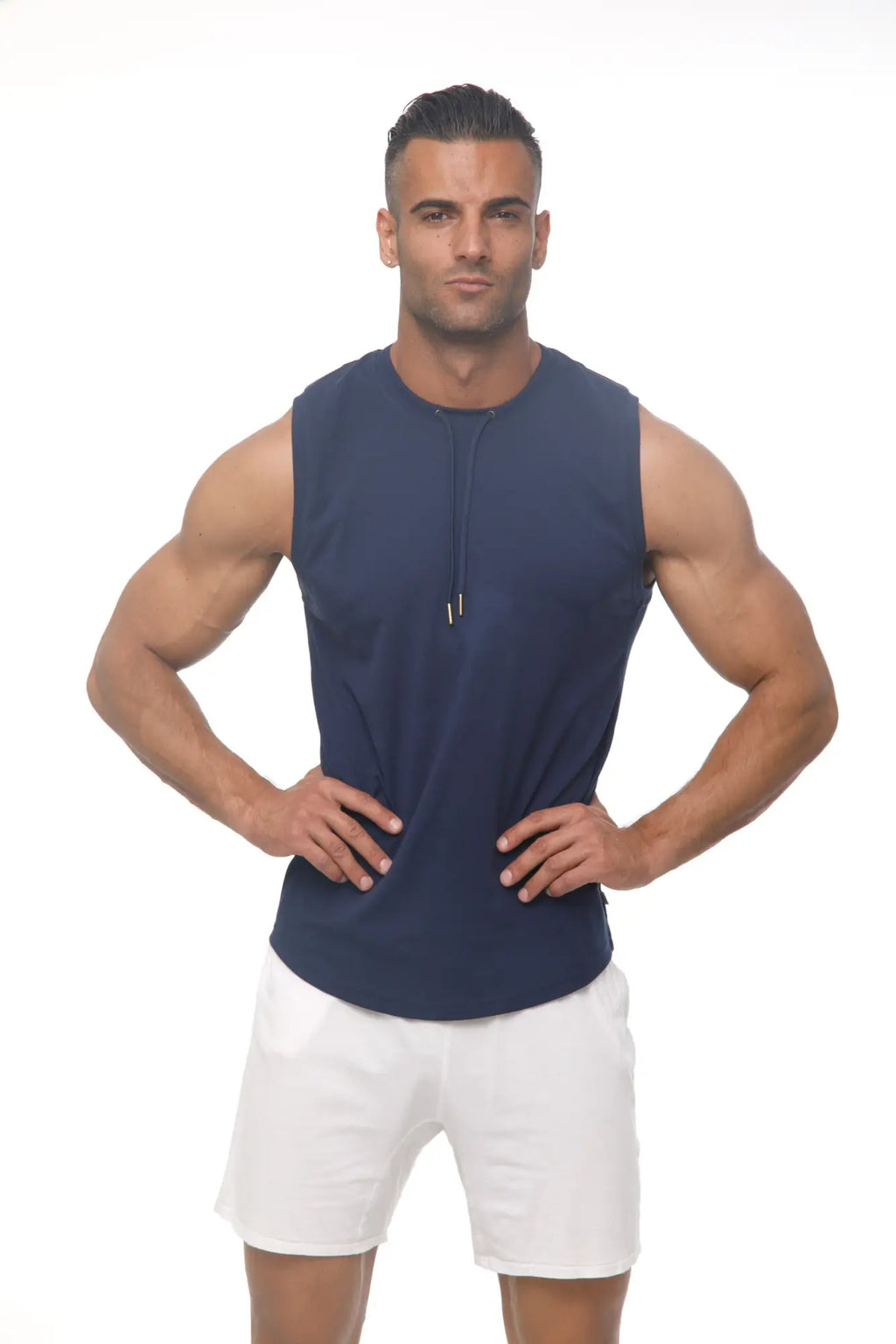 Navy blue sleeveless Marcuse Hero Tank Top with front zipper detail designed for athletic performance