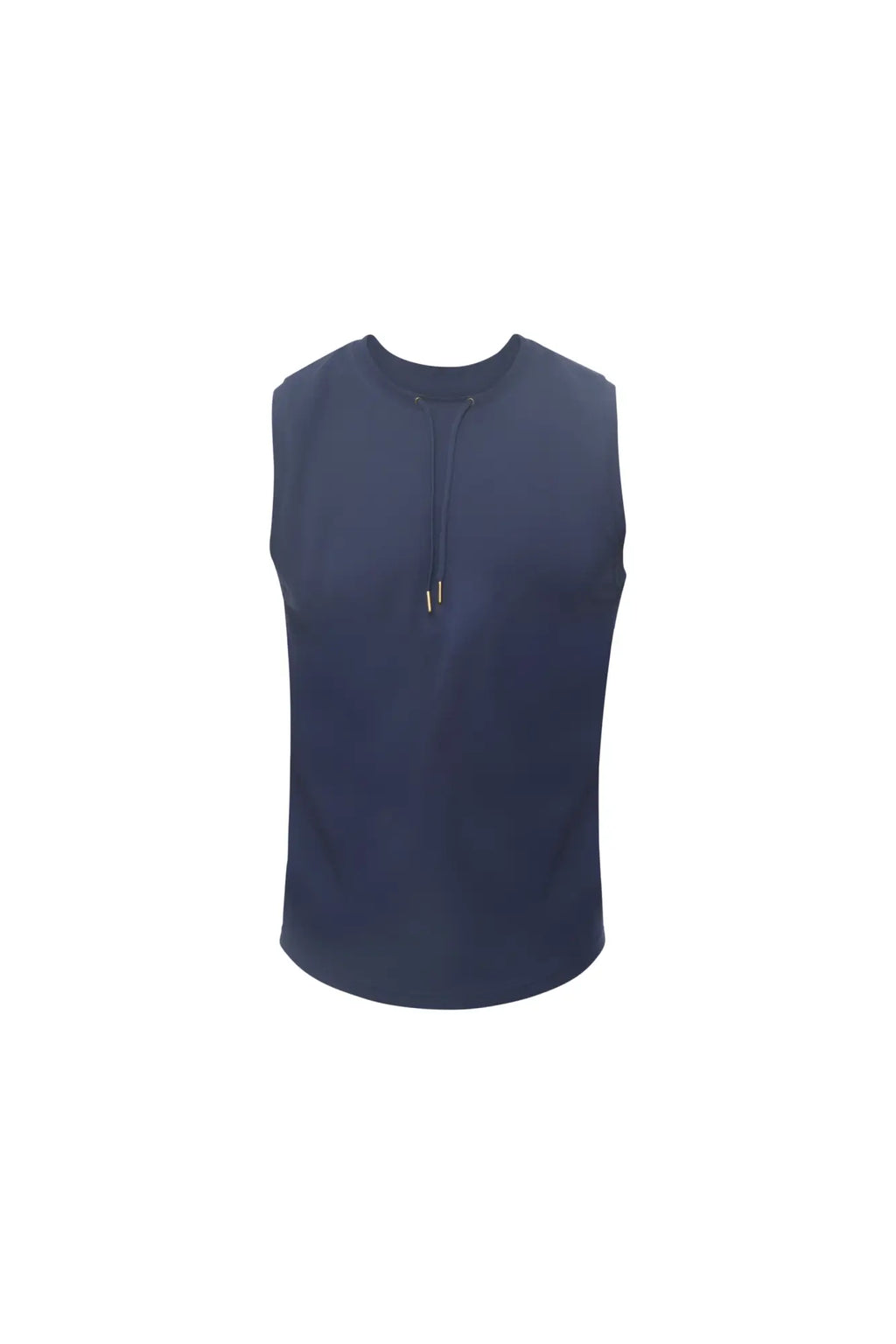 Navy blue sleeveless Marcuse Hero tank top with a drawstring neckline made from soft breathable fabric