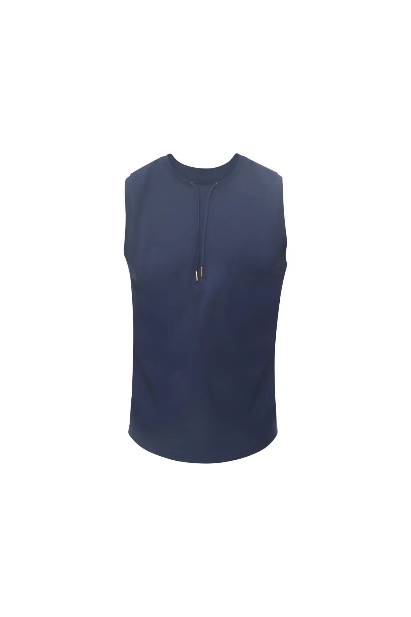 Navy blue sleeveless Marcuse Hero tank top with a drawstring neckline made from soft breathable fabric