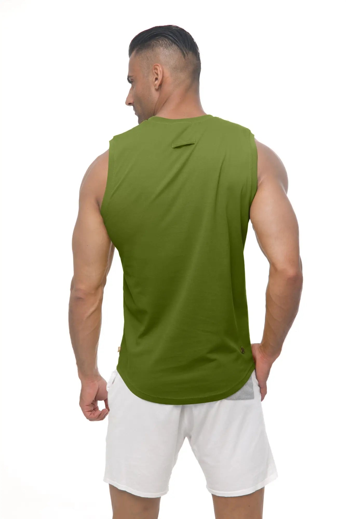Olive green marcuse hero sleeveless athletic tank top with curved hem and subtle back seam detail shown from back