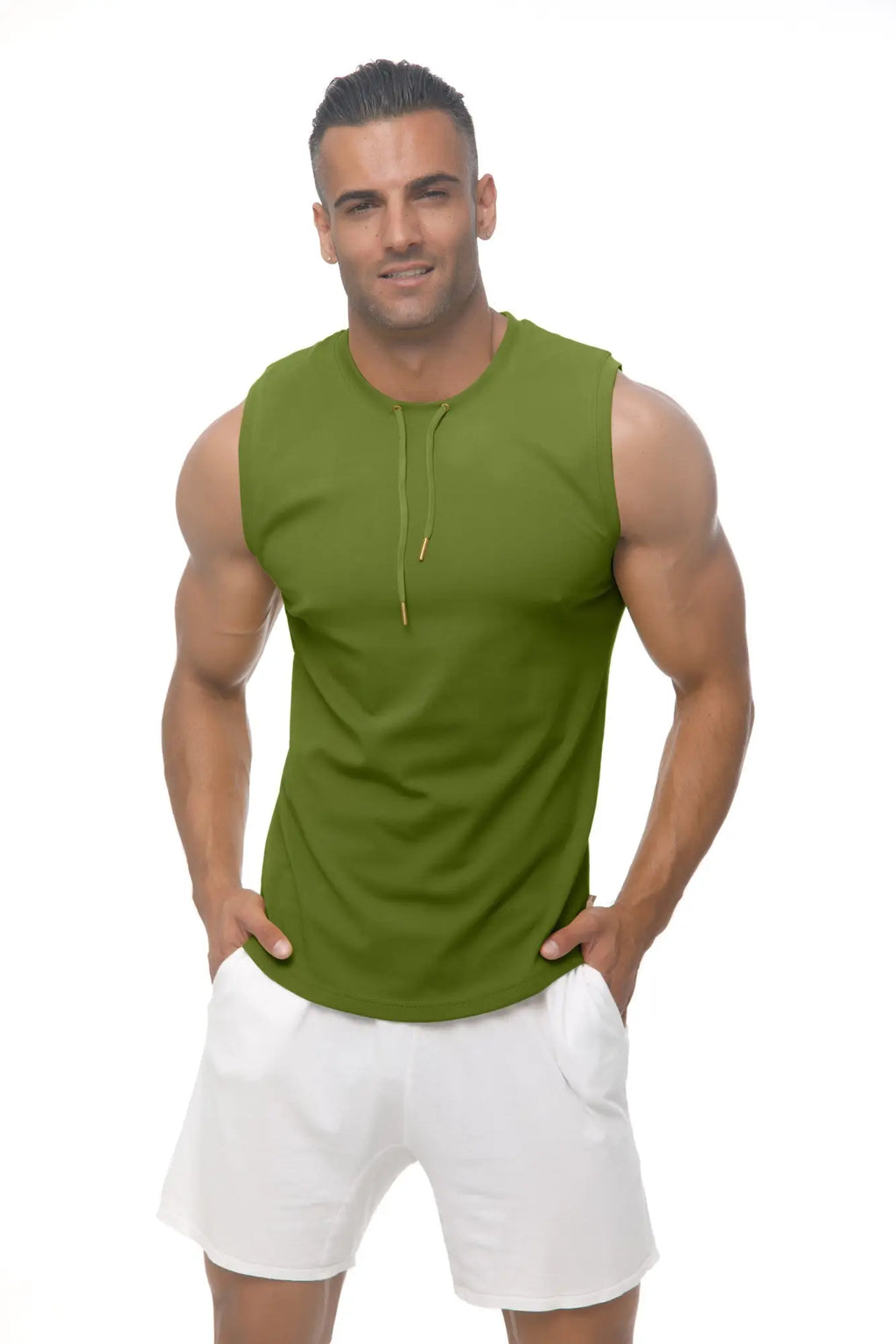 Olive green sleeveless athletic tank top with front zipper detail marcuse hero tank top for active wear