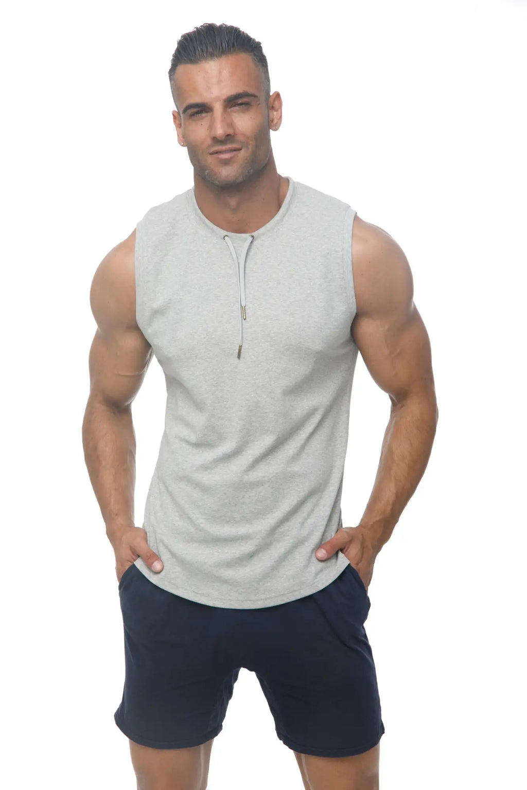 Marcuse hero tank top sleeveless athletic top in heather gray with subtle front zipper detail for active wear