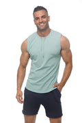 Marcuse hero tank top is a sleek light green sleeveless athletic top with a subtle front zipper detail