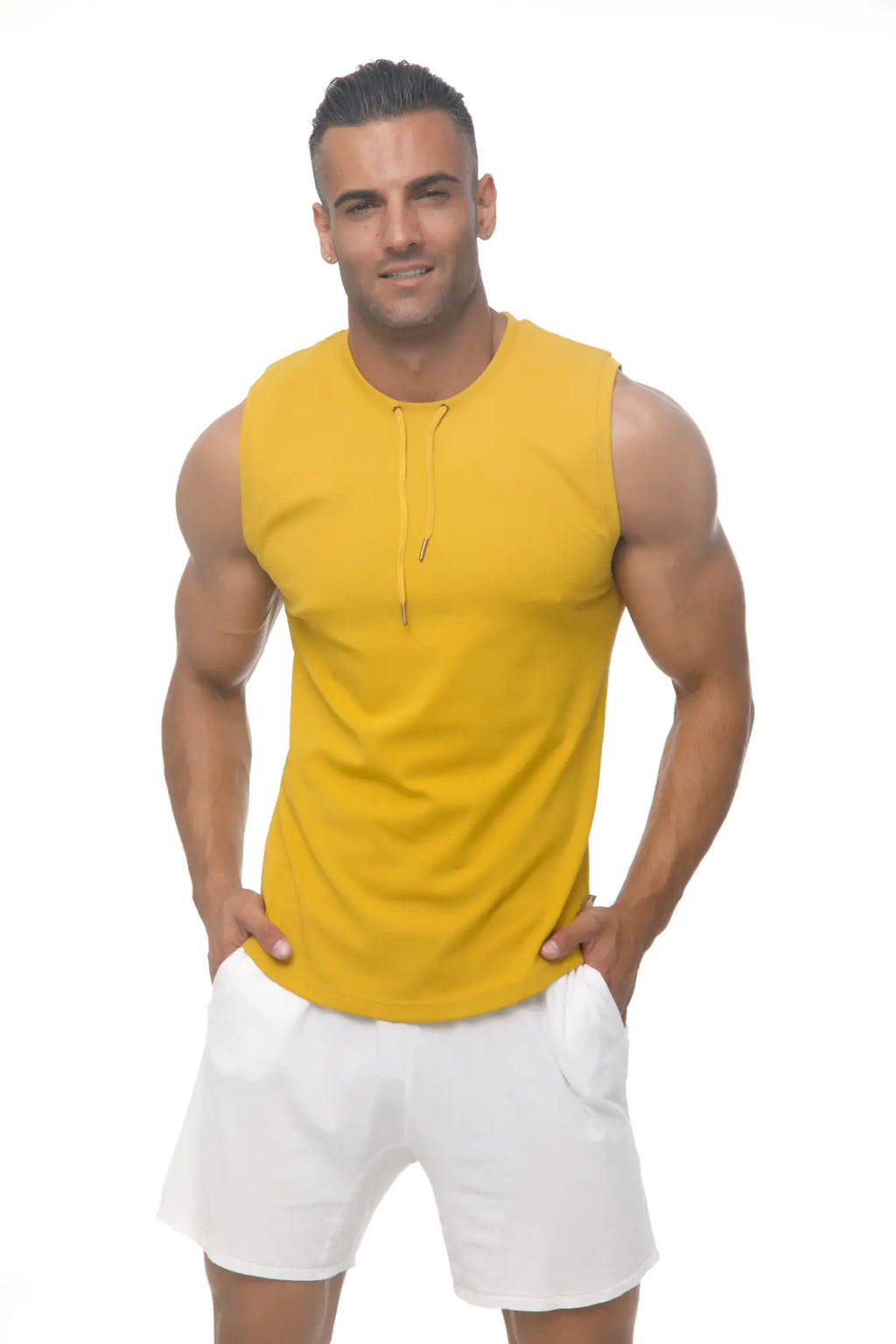 Marcuse hero tank top vibrant yellow sleeveless hoodie-style top with drawstring neckline and lightweight fabric