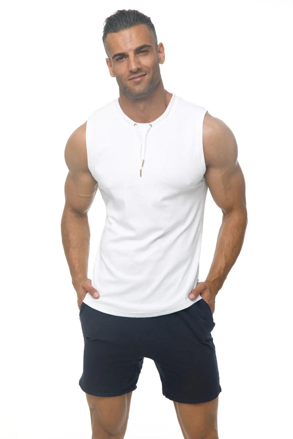 White sleeveless marcuse hero tank top with henley neckline and subtle front zipper detail for athletic wear