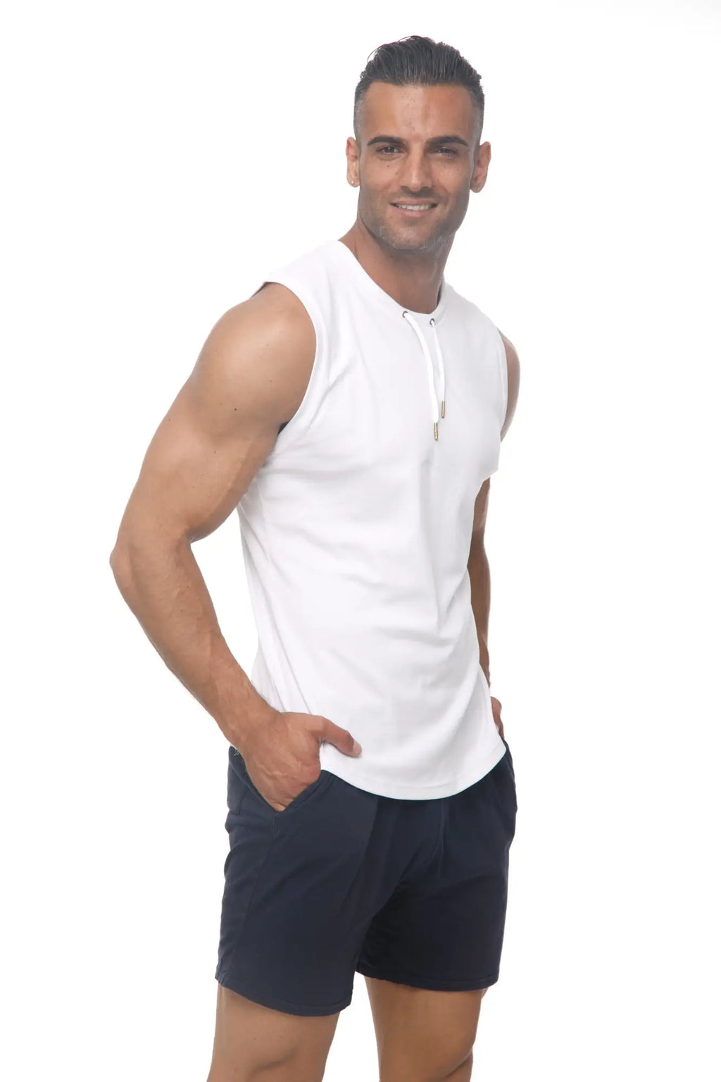 White sleeveless Marcuse Hero tank top with front zipper detail designed for athletic performance