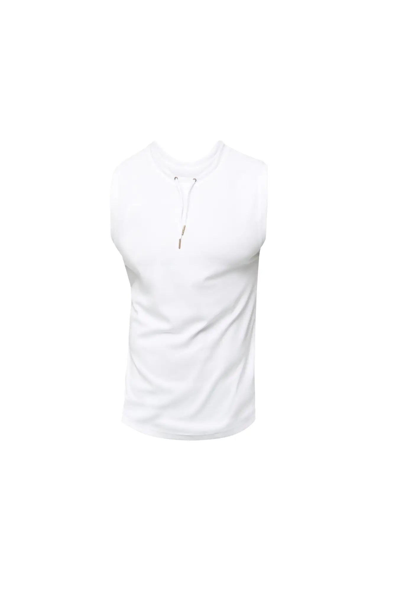 White sleeveless athletic tank top with front zipper and drawstring neckline by marcuse for activewear